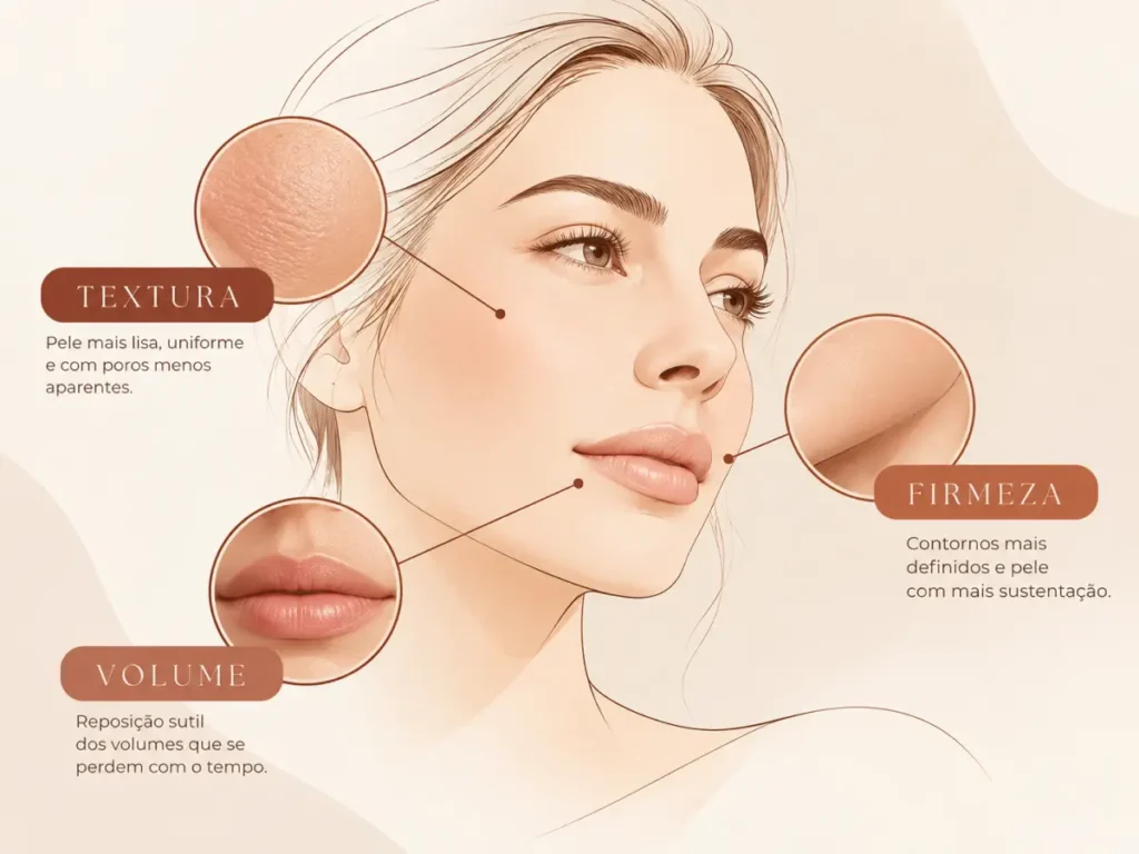 Esquema das três frentes do rejuvenescimento facial natural: textura, firmeza e volume
